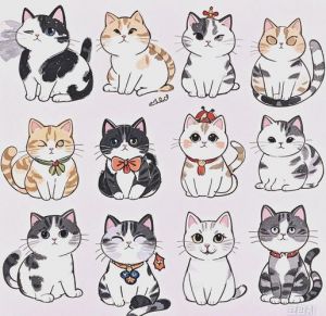 圆头三角耳，大眼小铃铛（画一只可爱的小猫图片）
